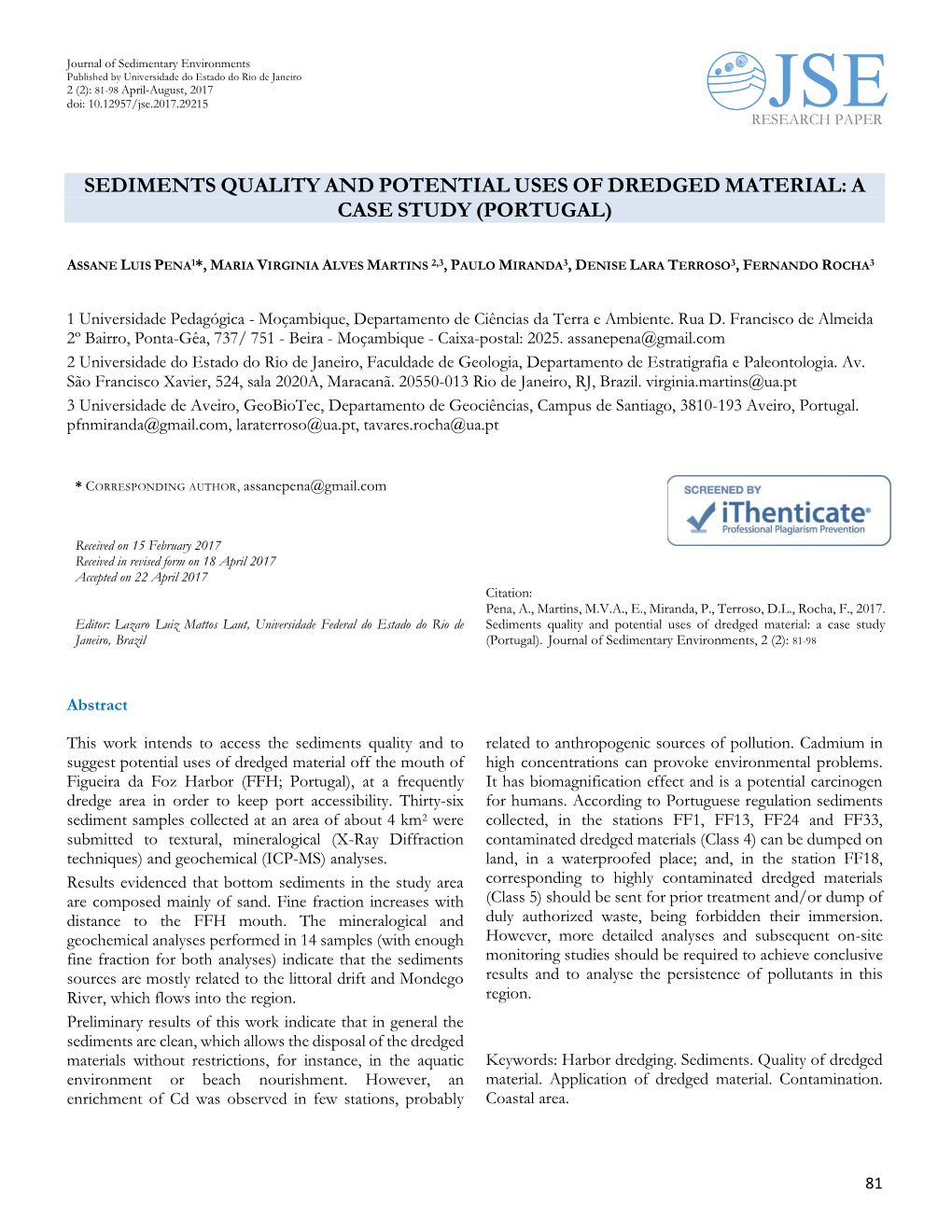 Sediments Quality and Potential Uses of Dredged Material: a Case Study (Portugal)