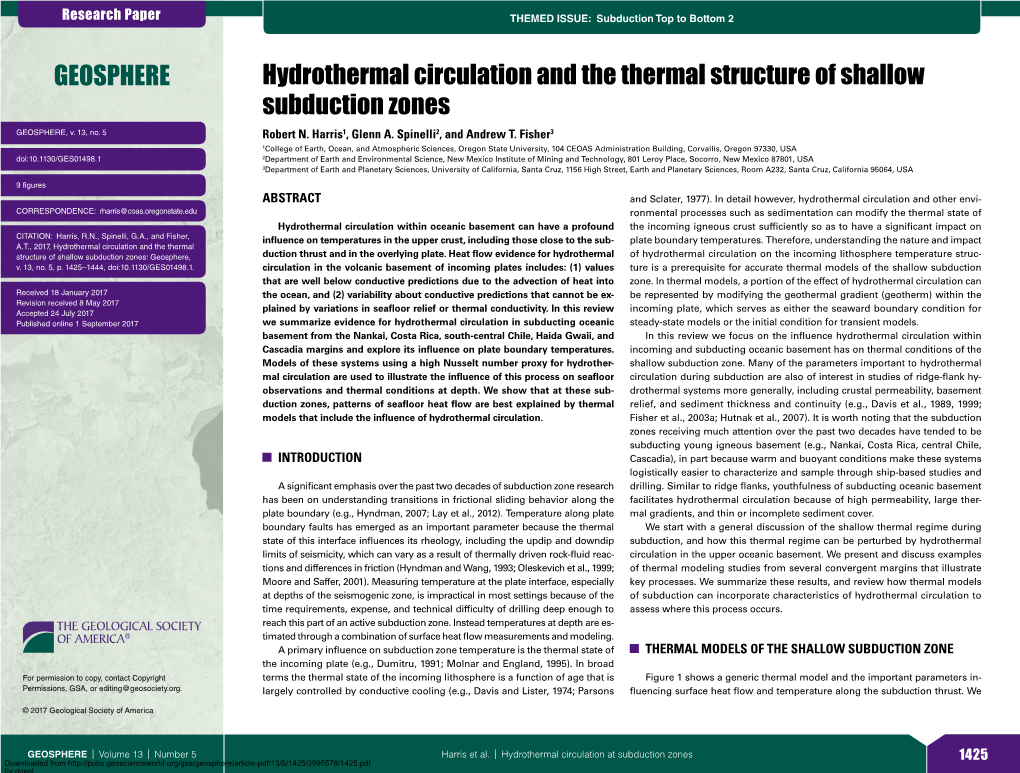 Hydrothermal Circulation and the Thermal Structure of Shallow Subduction Zones GEOSPHERE, V