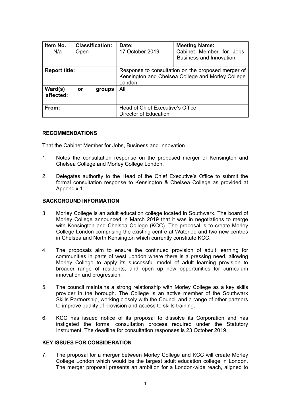 Report: Response to Consultation on the Proposed Merger of Kensington