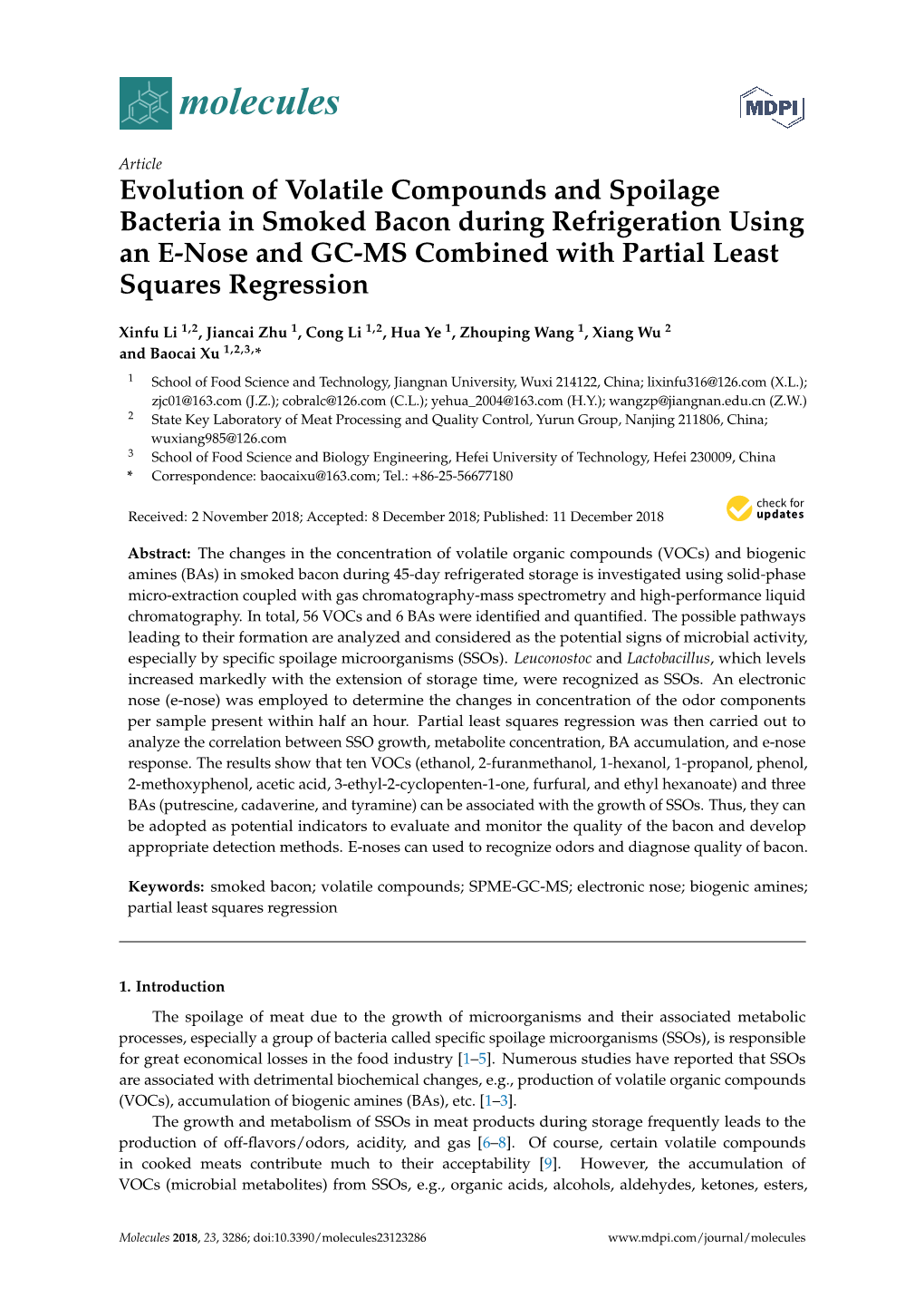 Evolution of Volatile Compounds and Spoilage Bacteria in Smoked Bacon During Refrigeration Using an E-Nose and GC-MS Combined with Partial Least Squares Regression
