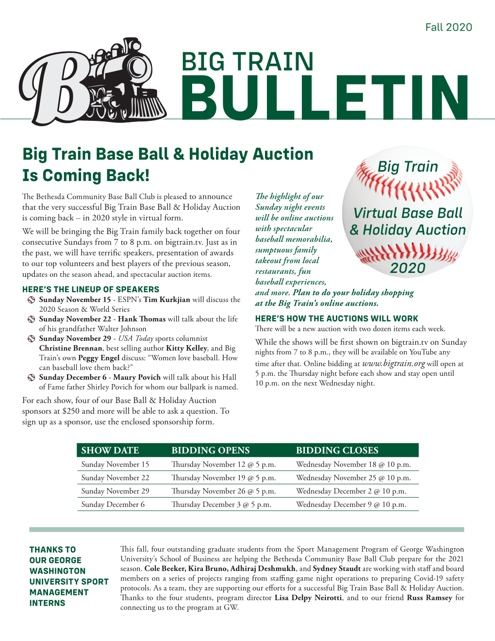 BIG TRAIN BULLETIN Big Train Base Ball & Holiday Auction Big Train Is Coming Back!