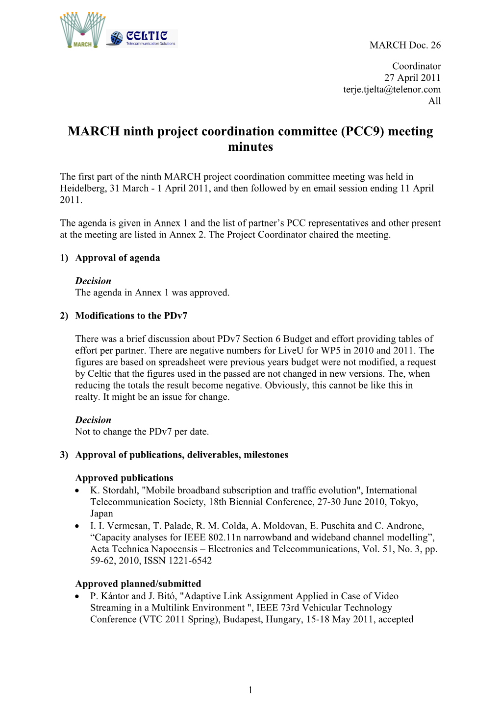 MARCH Ninth Project Coordination Committee (PCC9) Meeting Minutes