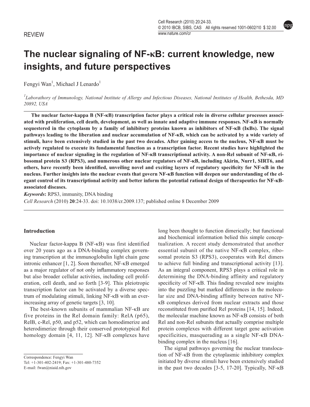 The Nuclear Signaling of NF-Κb Cell Research (2010) 20:24-33