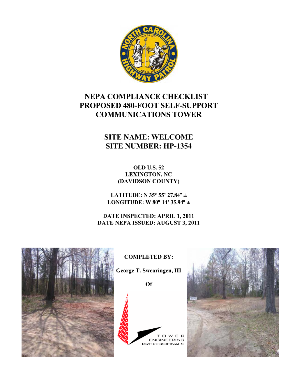Nepa Compliance Checklist Proposed 480-Foot Self-Support Communications Tower Site Name: Welcome Site Number: Hp-1354
