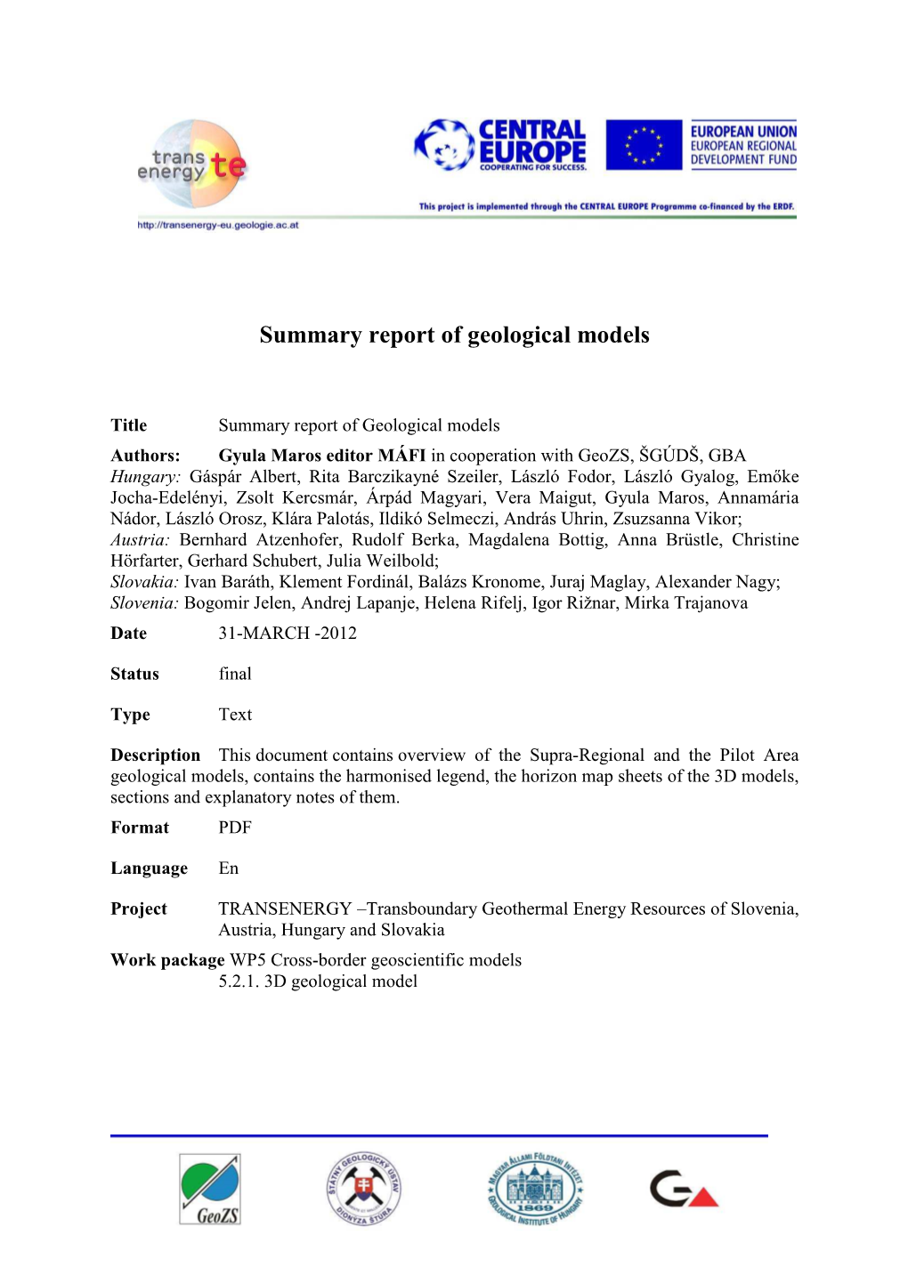 Summary Report of Geological Models