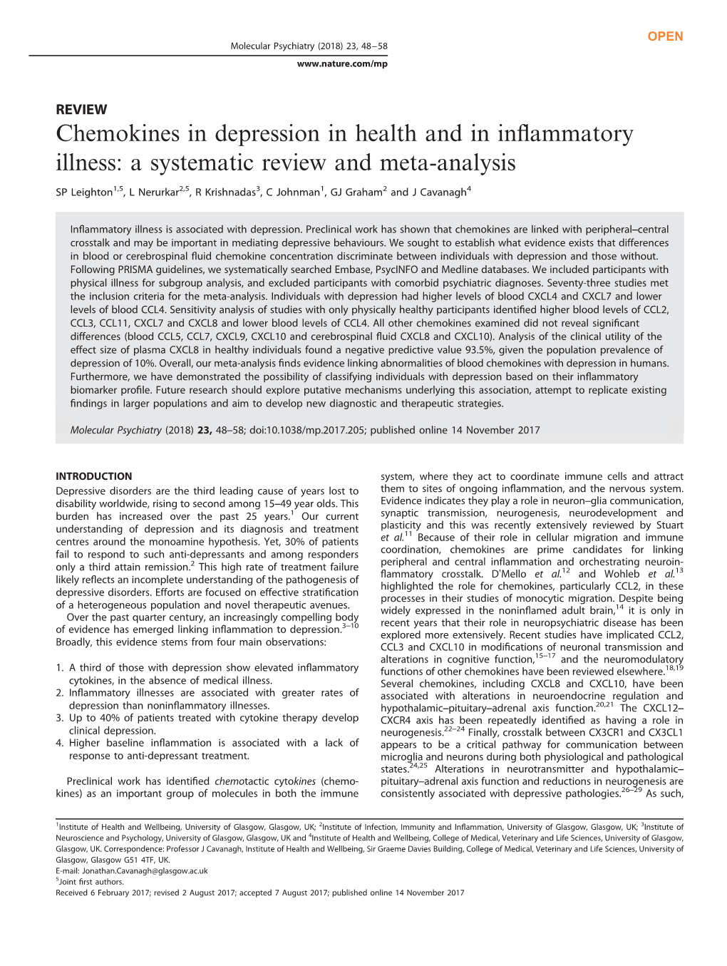 Chemokines in Depression in Health and in Inflammatory Illness