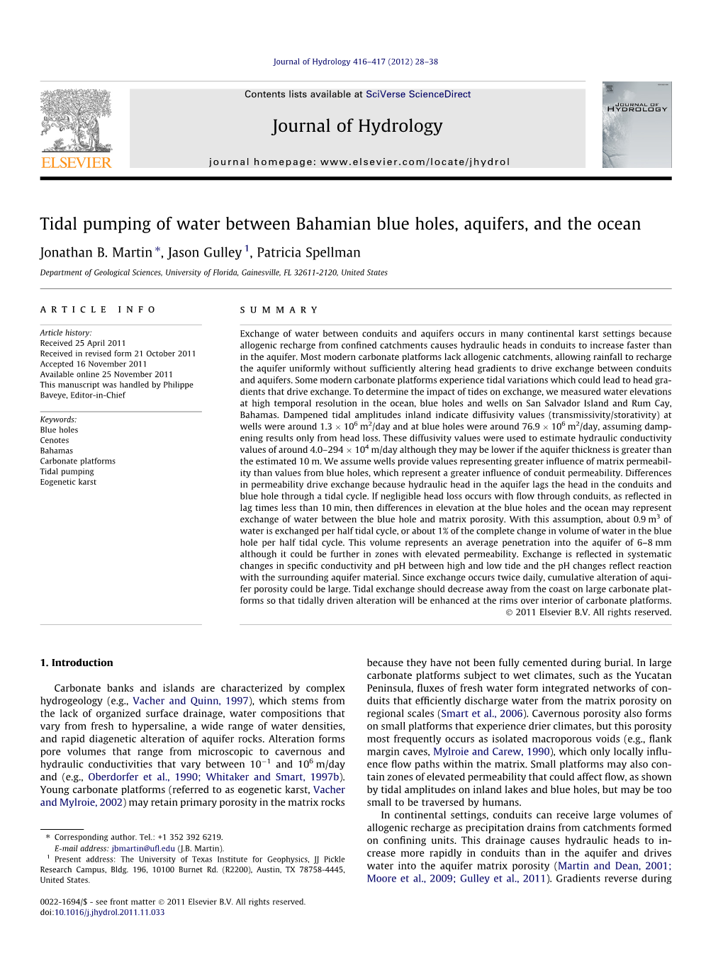 Tidal Pumping of Water Between Bahamian Blue Holes, Aquifers, and the Ocean ⇑ Jonathan B