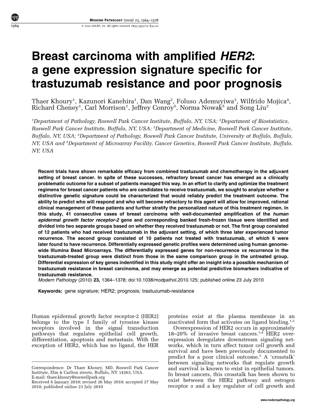 Breast Carcinoma with Amplified HER2: a Gene Expression Signature Specific for Trastuzumab Resistance and Poor Prognosis