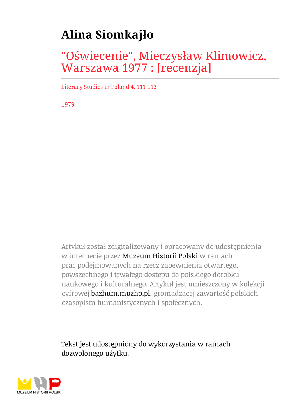 Alina Siomkajło "Oświecenie", Mieczysław Klimowicz, Warszawa 1977 : [Recenzja]