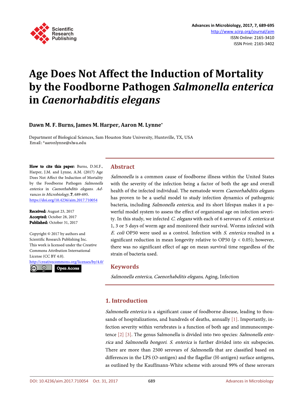 Age Does Not Affect the Induction of Mortality by the Foodborne Pathogen Salmonella Enterica in Caenorhabditis Elegans