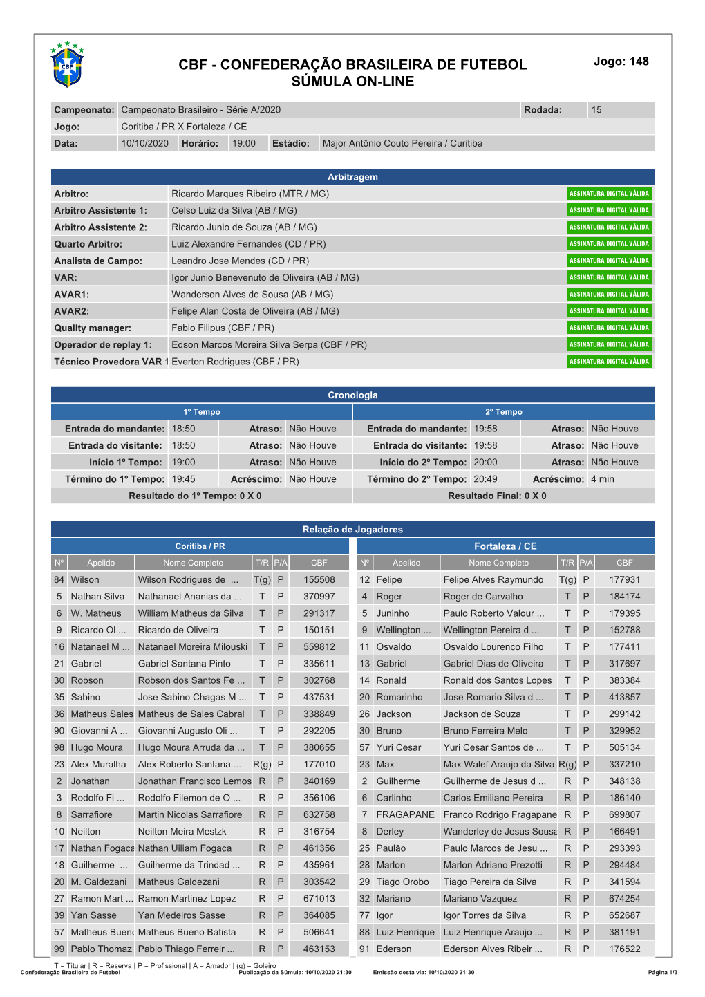 CBF - CONFEDERAÇÃO BRASILEIRA DE FUTEBOL Jogo: 148 SÚMULA ON-LINE