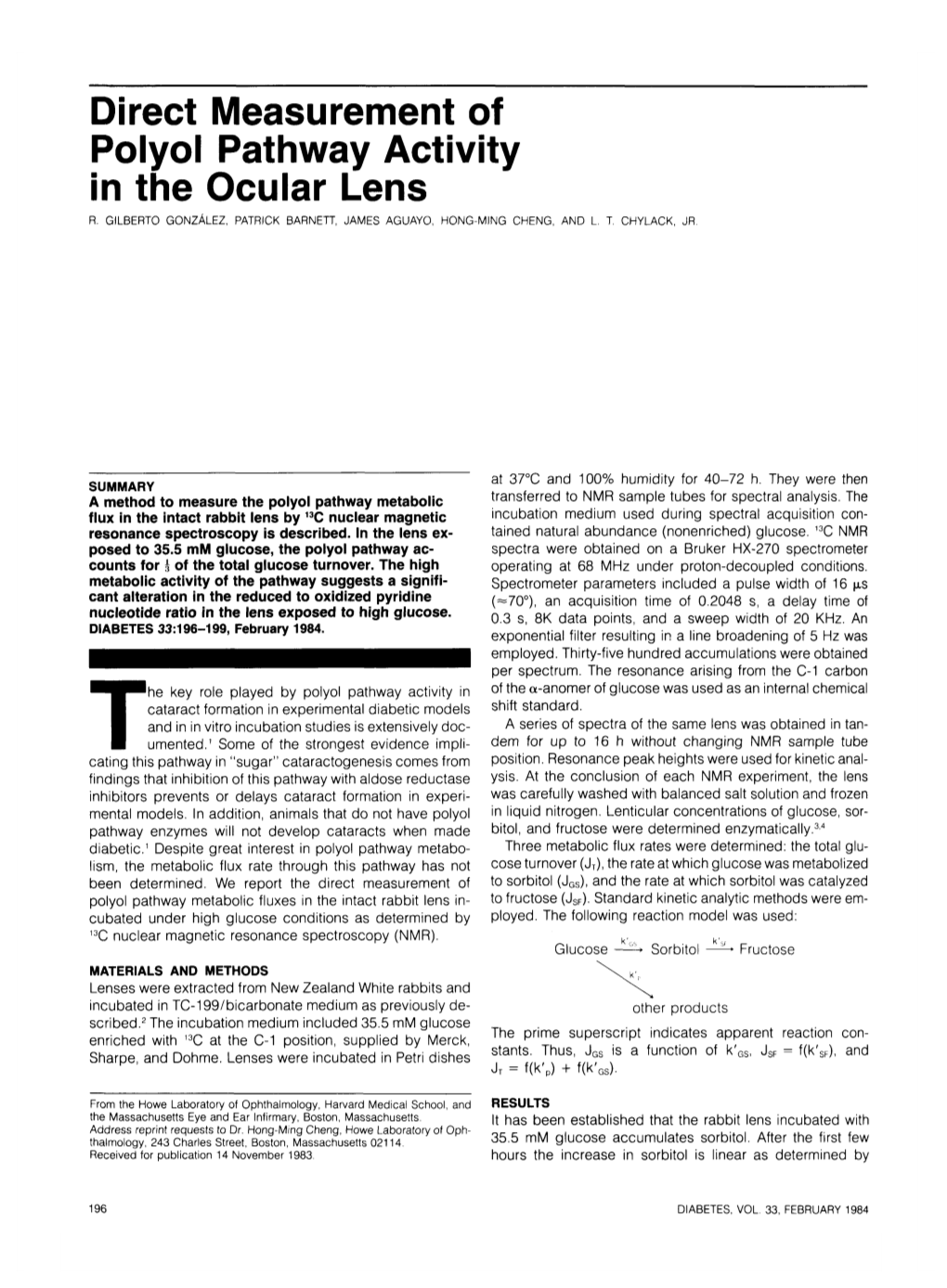 Direct Measurement of Polyol Pathway Activity in the Ocular Lens R