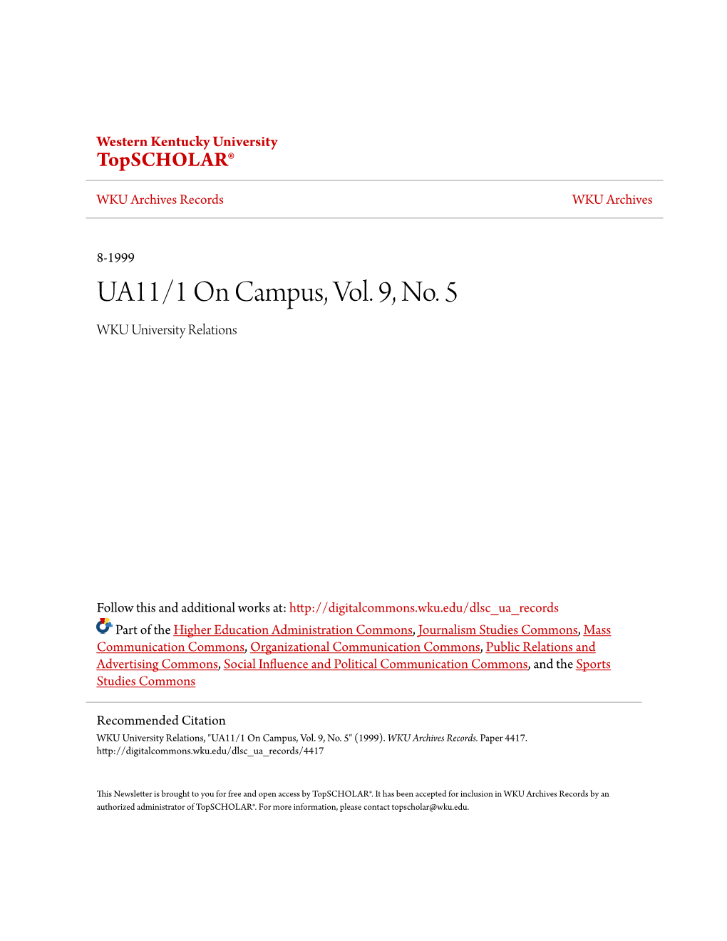 UA11/1 on Campus, Vol. 9, No. 5 WKU University Relations