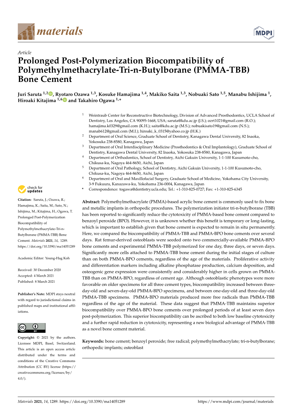 Prolonged Post-Polymerization Biocompatibility of Polymethylmethacrylate-Tri-N-Butylborane (PMMA-TBB) Bone Cement