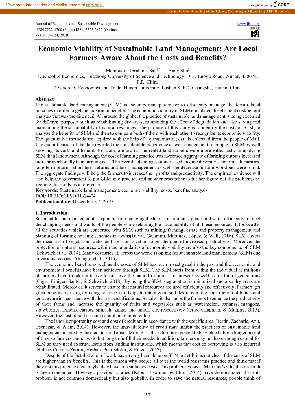 Economic Viability of Sustainable Land Management: Are Local Farmers Aware About the Costs and Benefits?