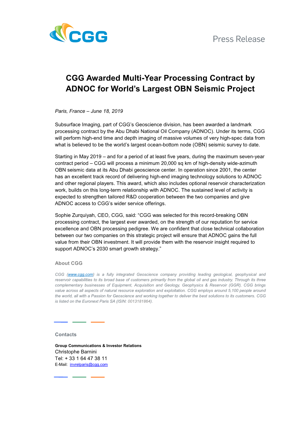 CGG Awarded Multi-Year Processing Contract by ADNOC for World's
