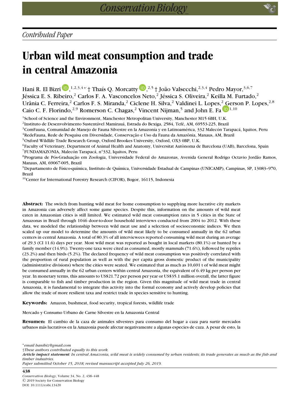 Urban Wild Meat Consumption and Trade in Central Amazonia