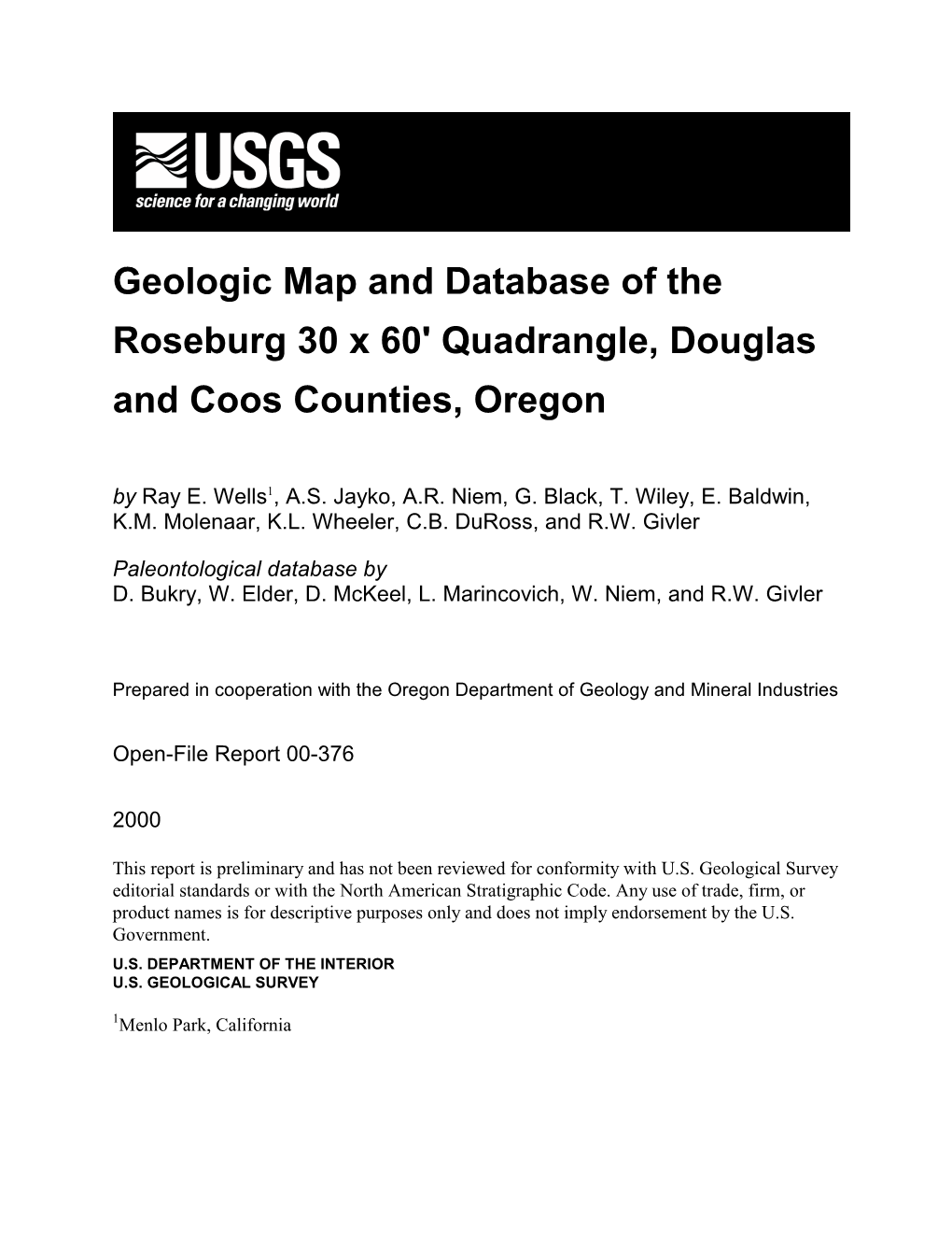 Pamphlet to Accompany Geologic Map of Roseburg Quadrangle