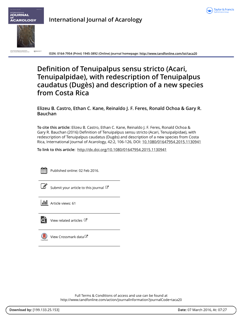 (Acari, Tenuipalpidae), with Redescription of Tenuipalpus Caudatus (Dugès) and Description of a New Species from Costa Rica