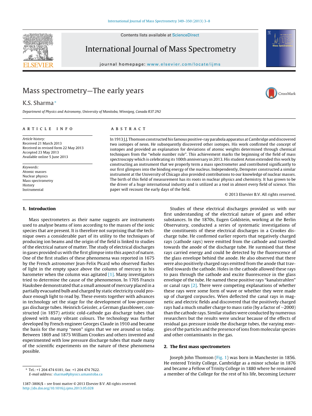 Mass Spectrometry—The Early Years