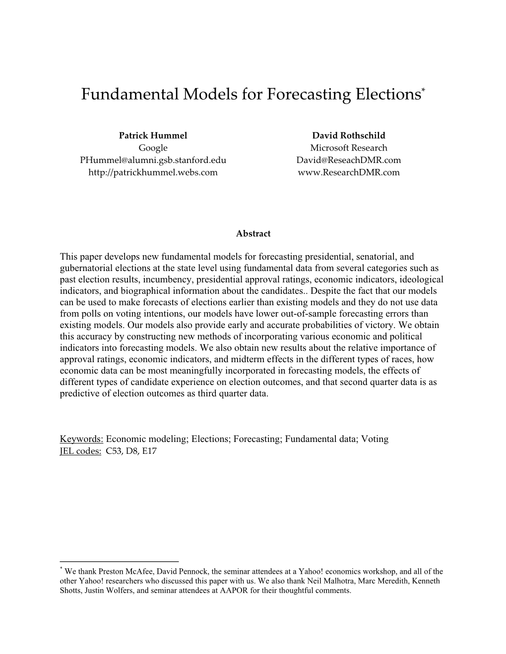 Fundamental Models for Forecasting Elections*