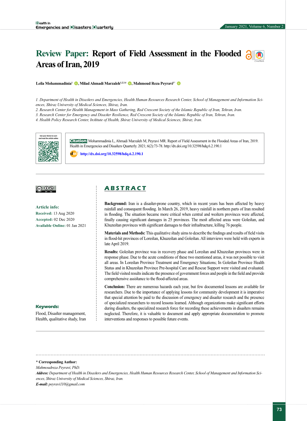 Report of Field Assessment in the Flooded Areas of Iran, 2019