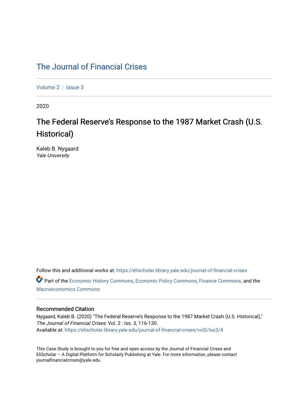 The Federal Reserve's Response to the 1987 Market Crash