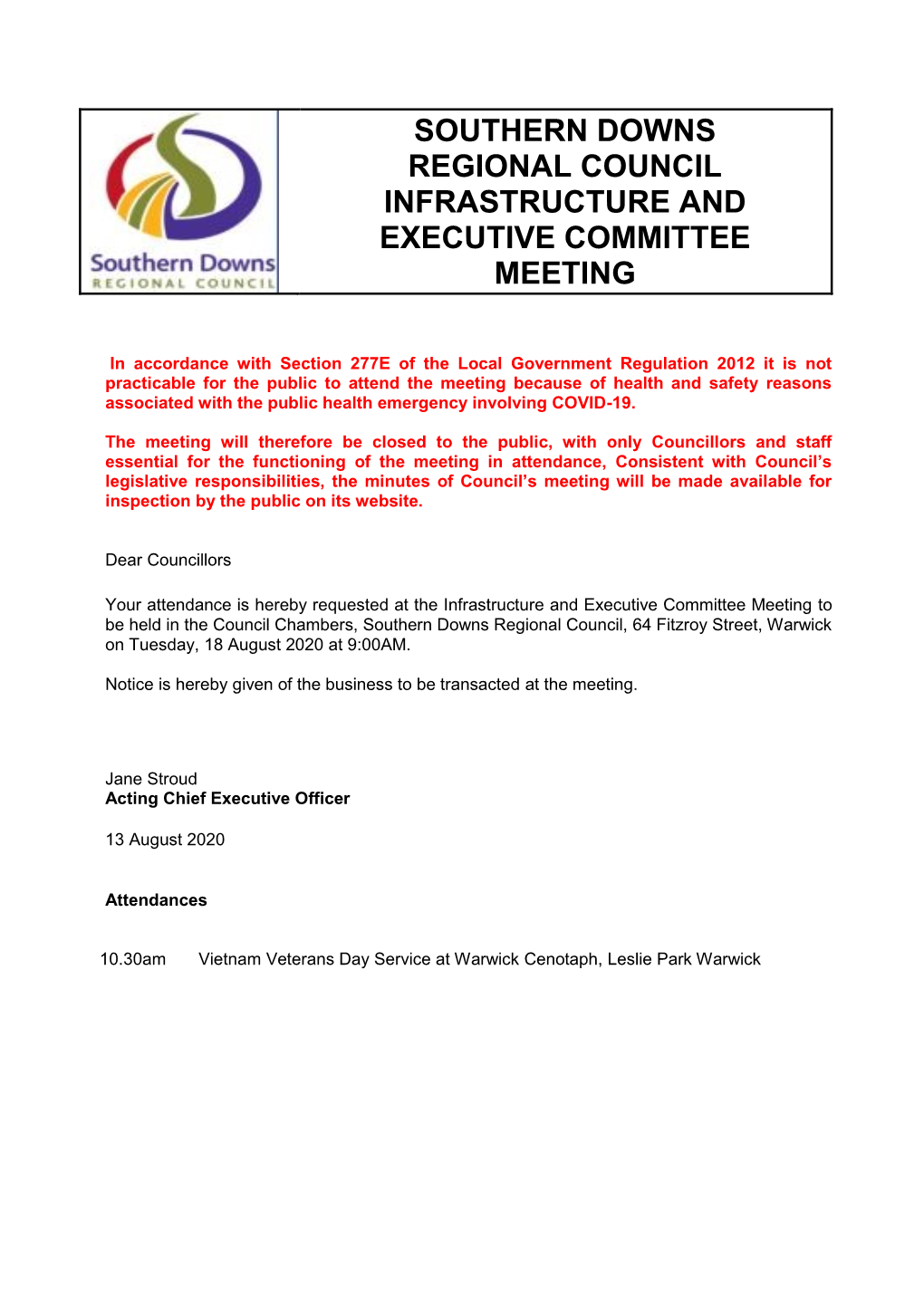 Agenda of Infrastructure and Executive Committee Meeting