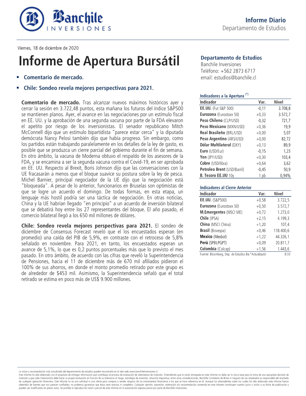 Informe De Apertura Bursátil Banchile Inversiones Teléfono: +562 2873 6717