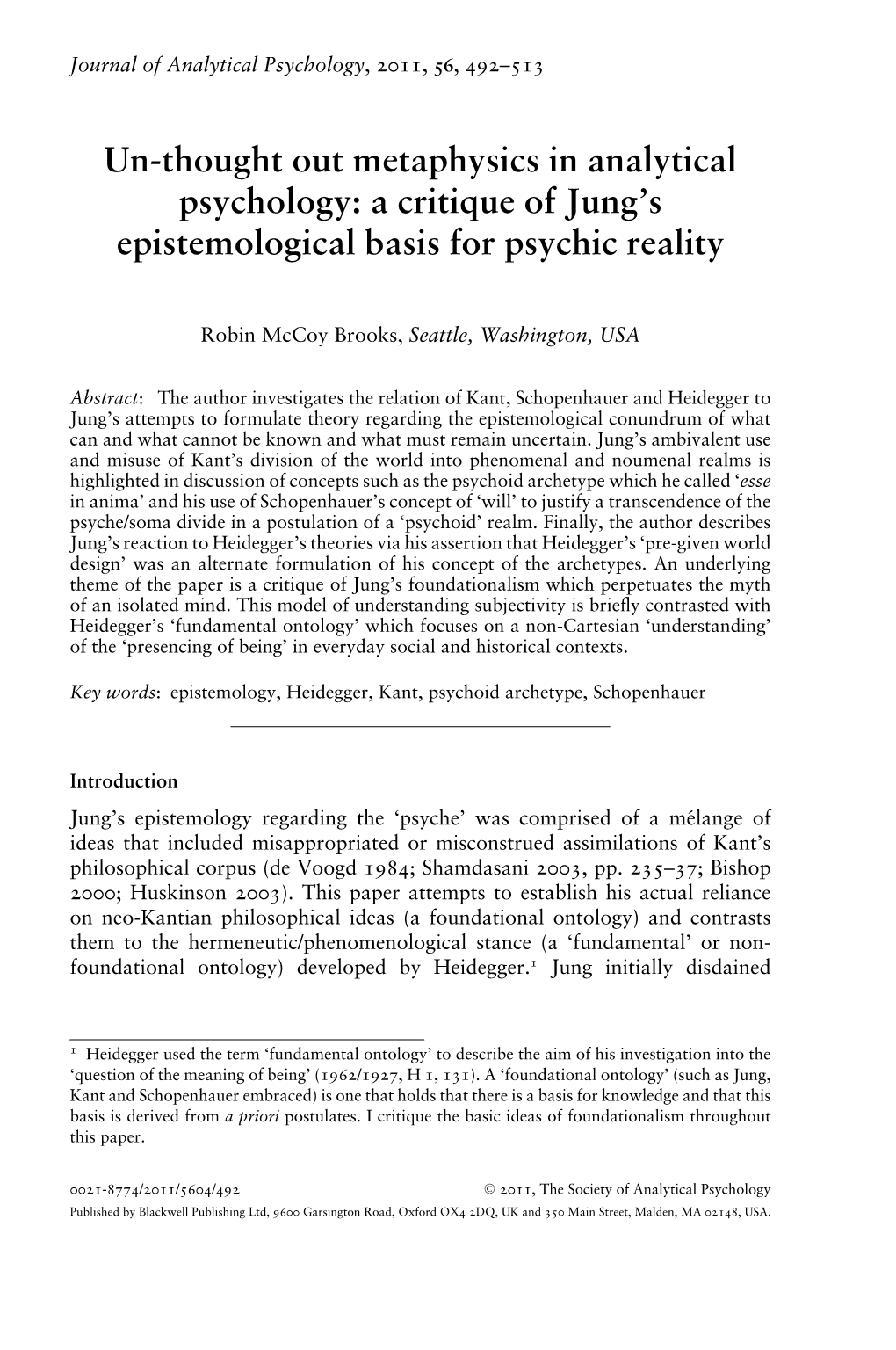 A Critique of Jung's Epistemological Basis for Psychic Reality