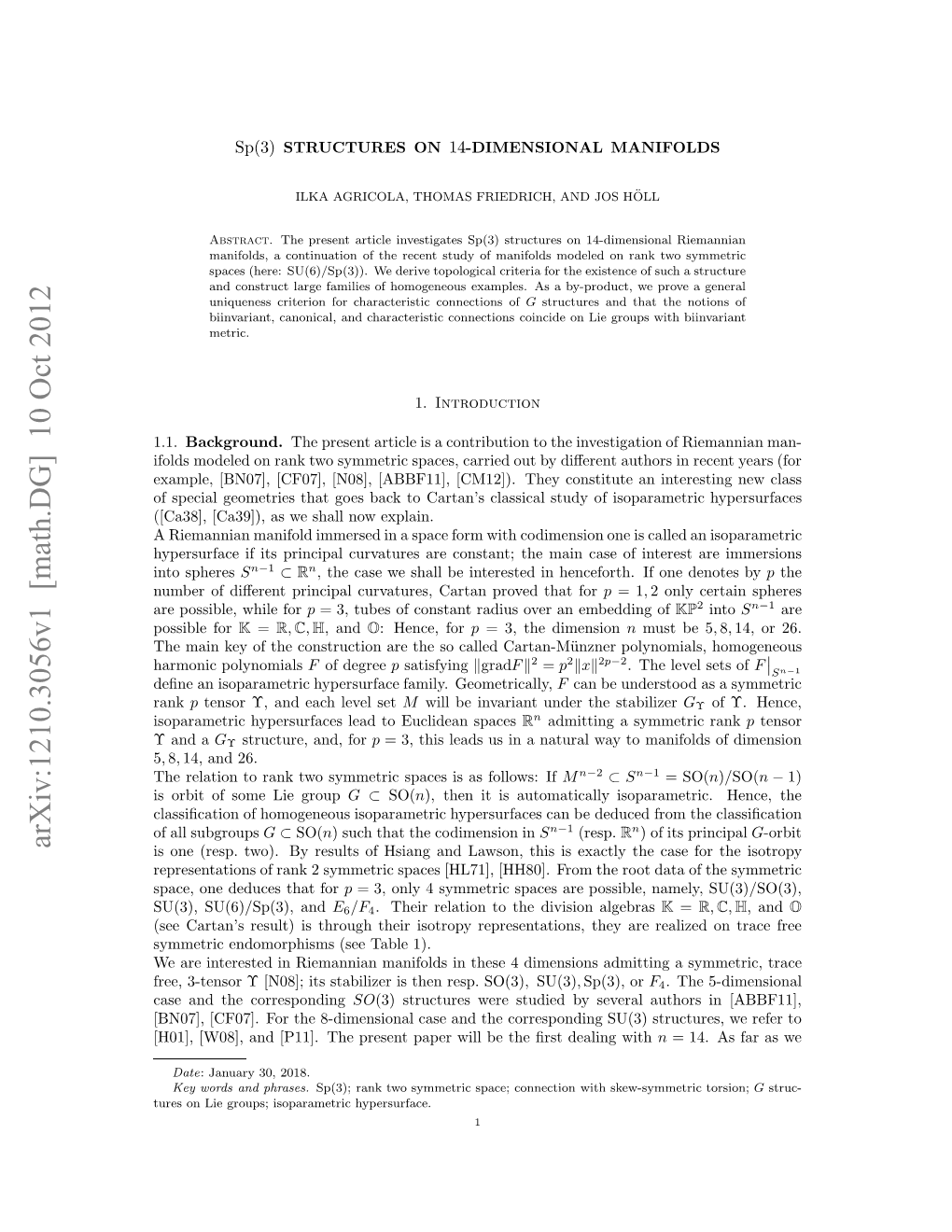 Sp (3) Structures on 14-Dimensional Manifolds