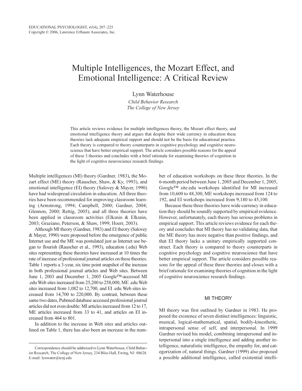 Multiple Intelligences, the Mozart Effect, and Emotional Intelligence: a Critical Review