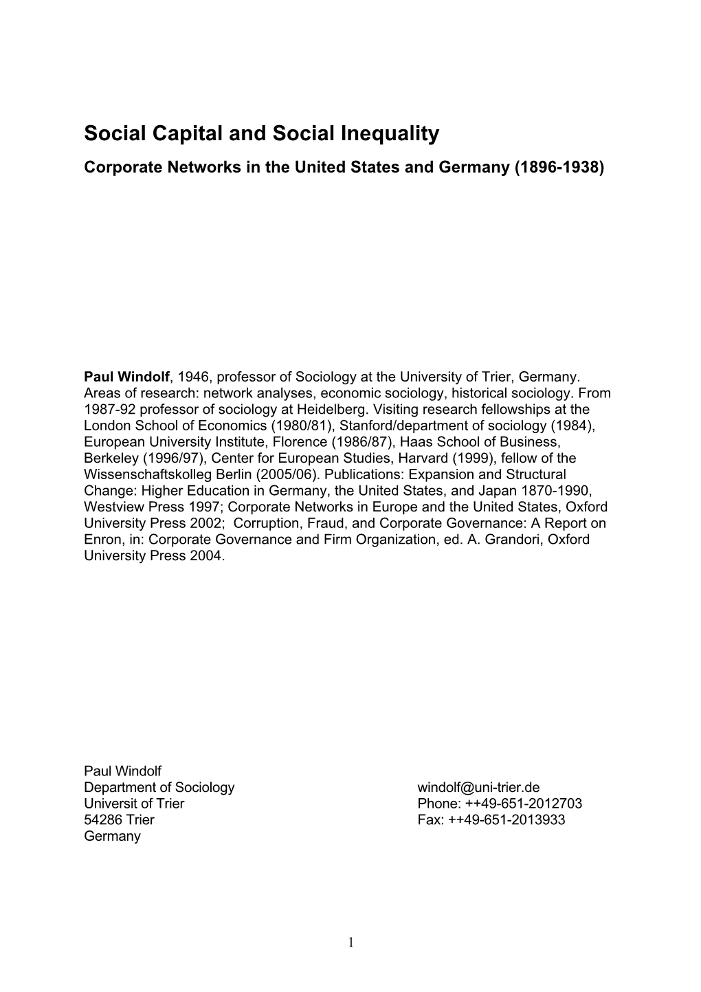 Social Capital and Social Inequality Corporate Networks in the United States and Germany (1896-1938)