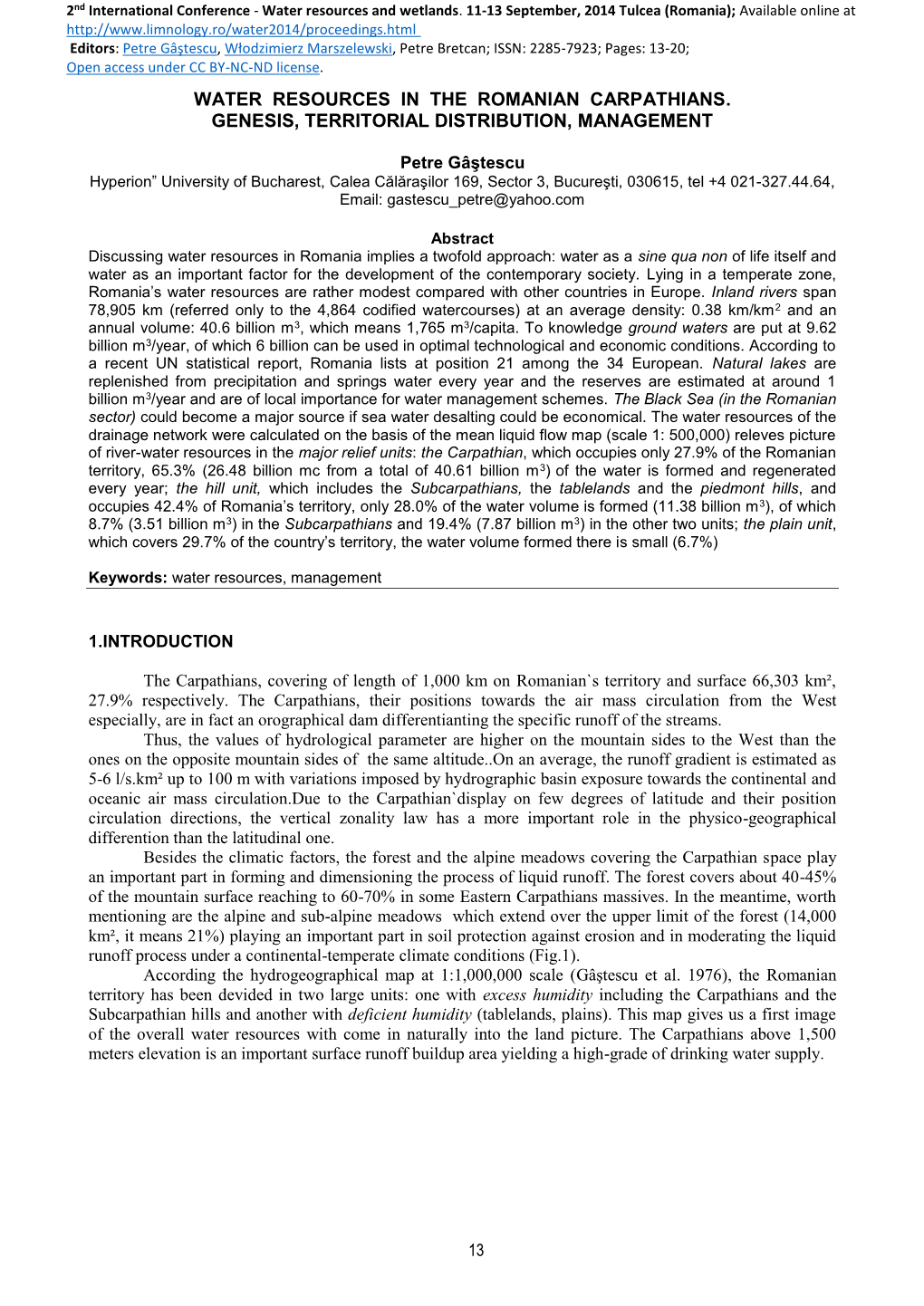 Water Resources in the Romanian Carpathians. Genesis, Territorial Distribution, Management