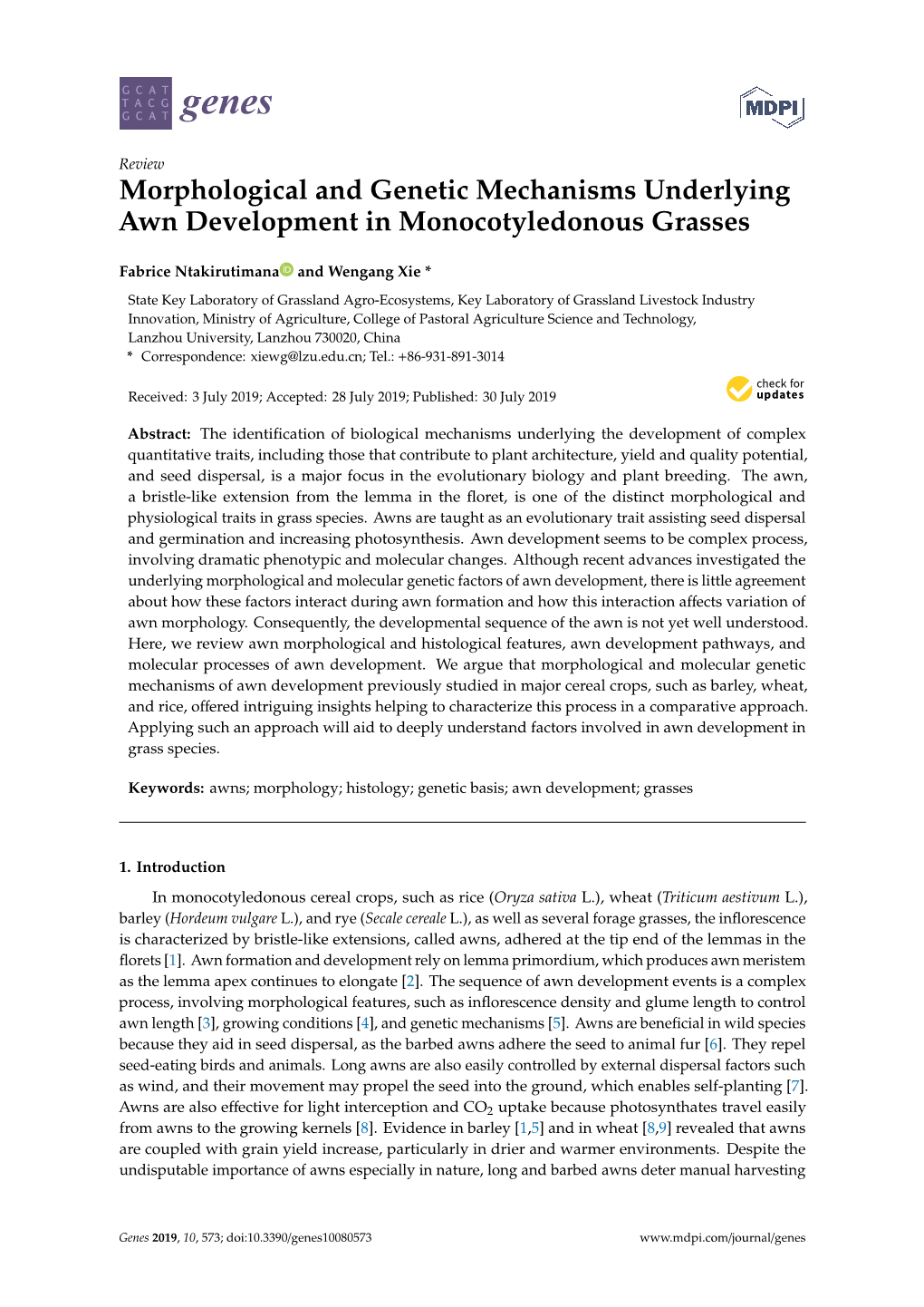 Morphological and Genetic Mechanisms Underlying Awn Development in Monocotyledonous Grasses