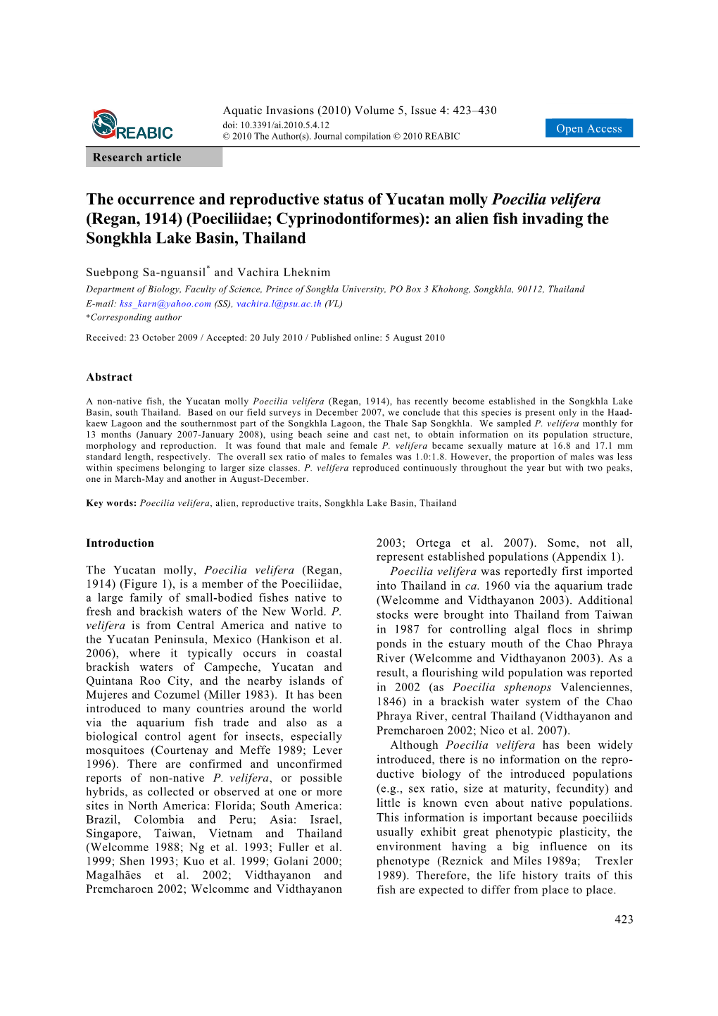 The Occurrence and Reproductive Status of Yucatan Molly Poecilia