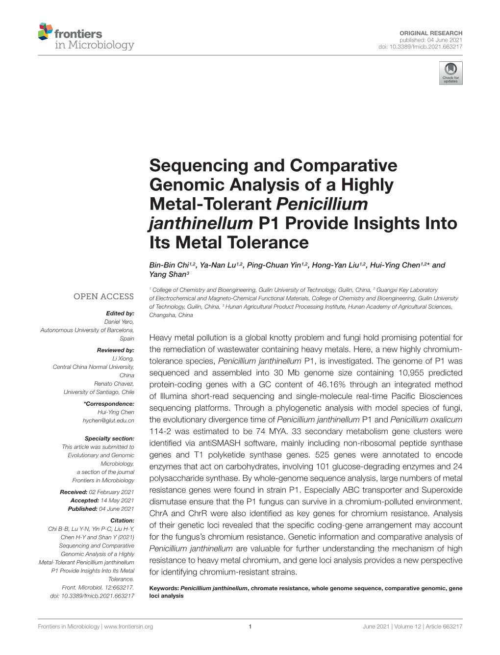 Sequencing and Comparative Genomic Analysis of a Highly Metal-Tolerant Penicillium Janthinellum P1 Provide Insights Into Its Metal Tolerance