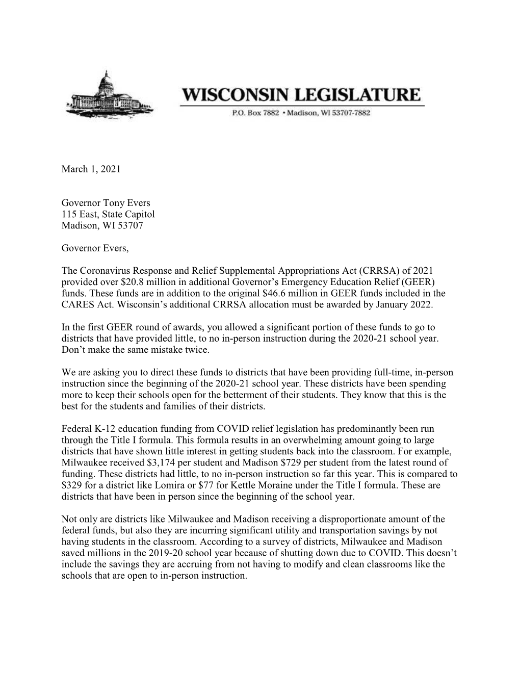 March 1, 2021 Governor Tony Evers 115 East, State Capitol Madison, WI 53707 Governor Evers, the Coronavirus Response and Relief