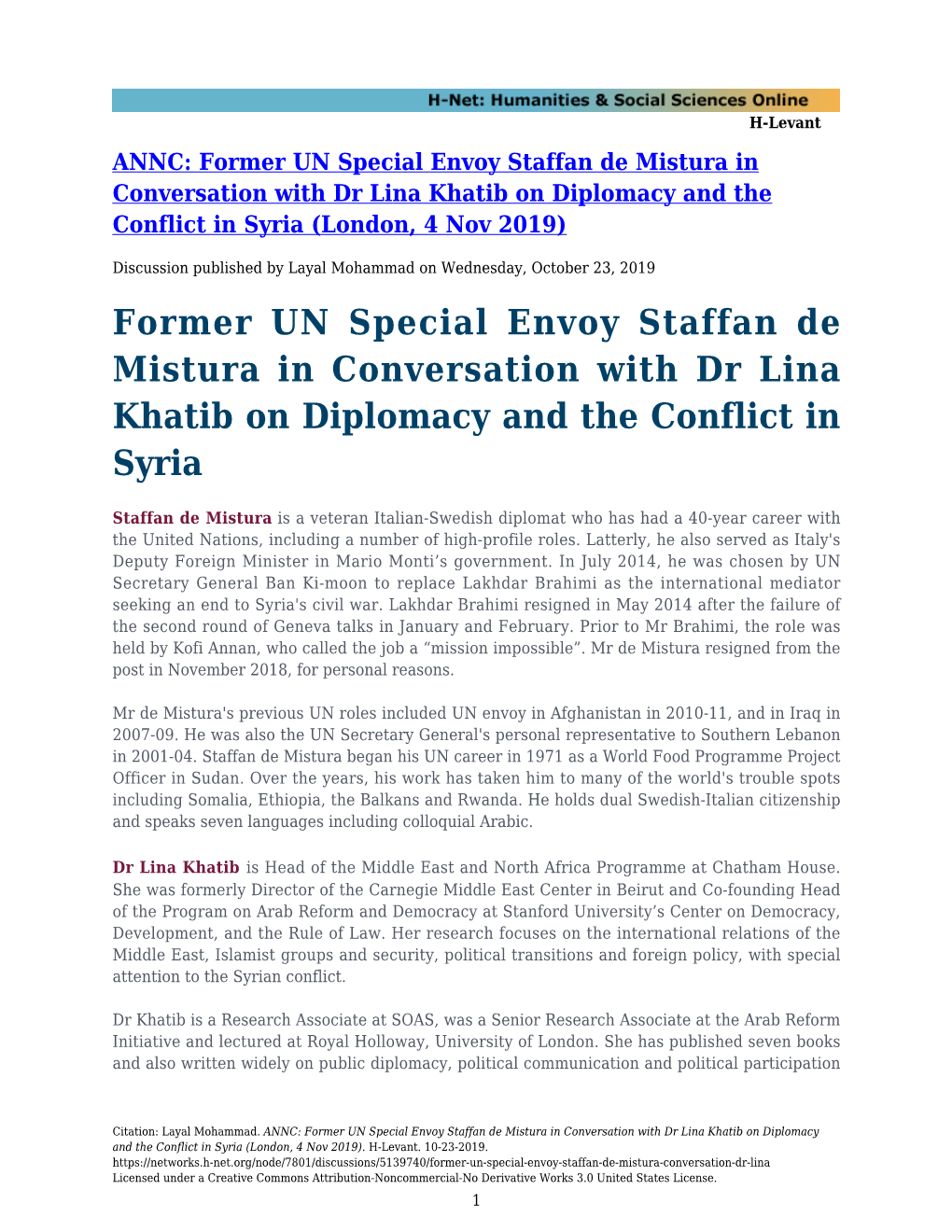 Former UN Special Envoy Staffan De Mistura in Conversation with Dr Lina Khatib on Diplomacy and the Conflict in Syria (London, 4 Nov 2019)