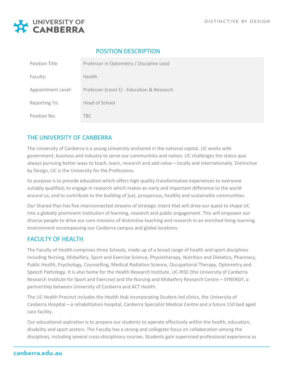 Position Description the University of Canberra Faculty of Health