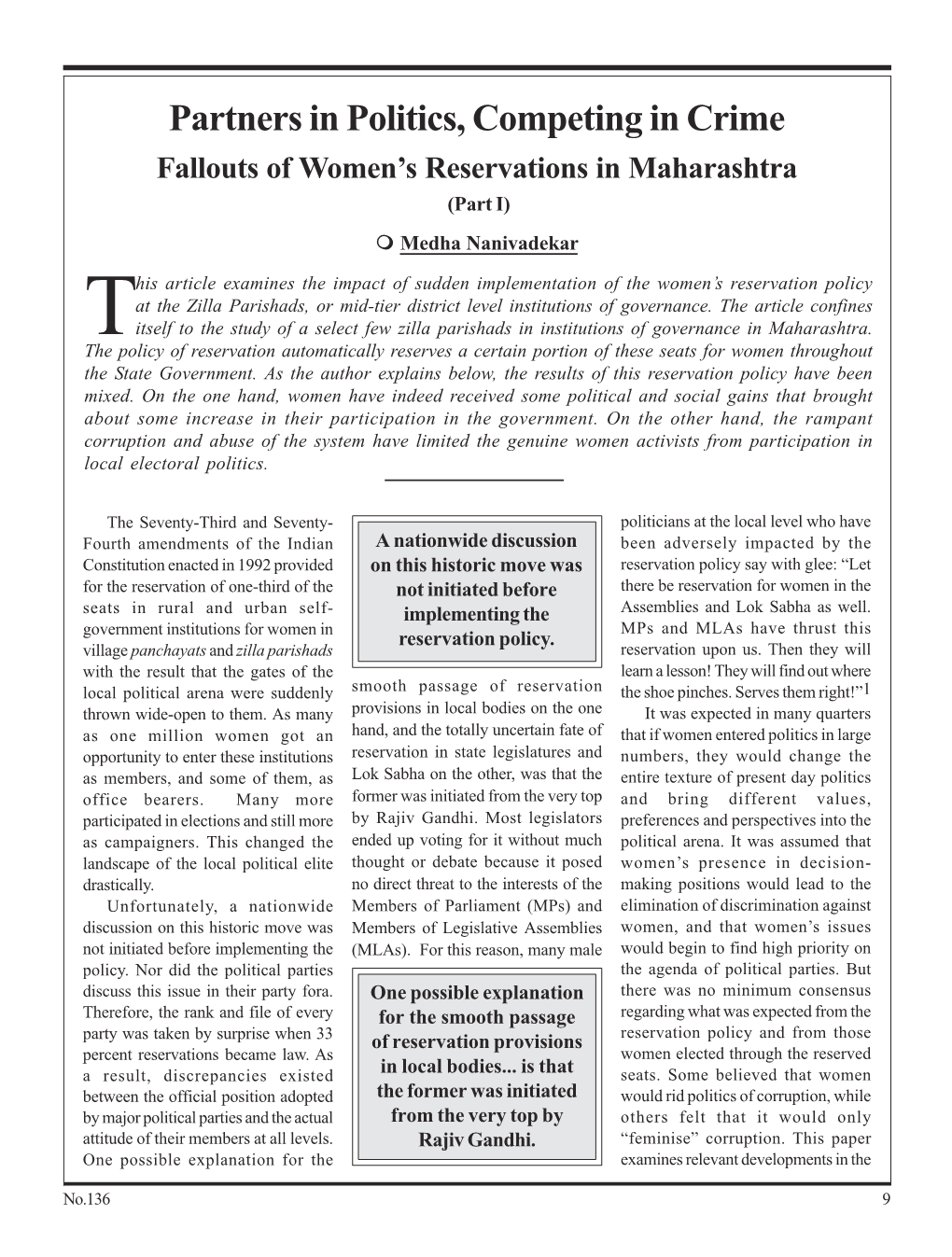 Partners in Politics, Competing in Crime Fallouts of Women’S Reservations in Maharashtra (Part I)  Medha Nanivadekar