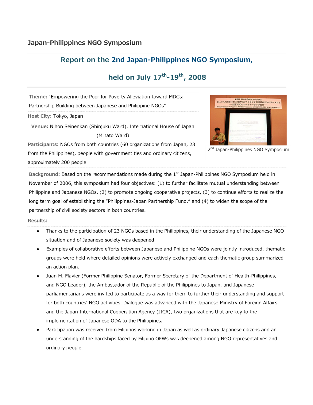 The 2Nd Japan-Philippines NGO Symposium, July 17-19, 2008