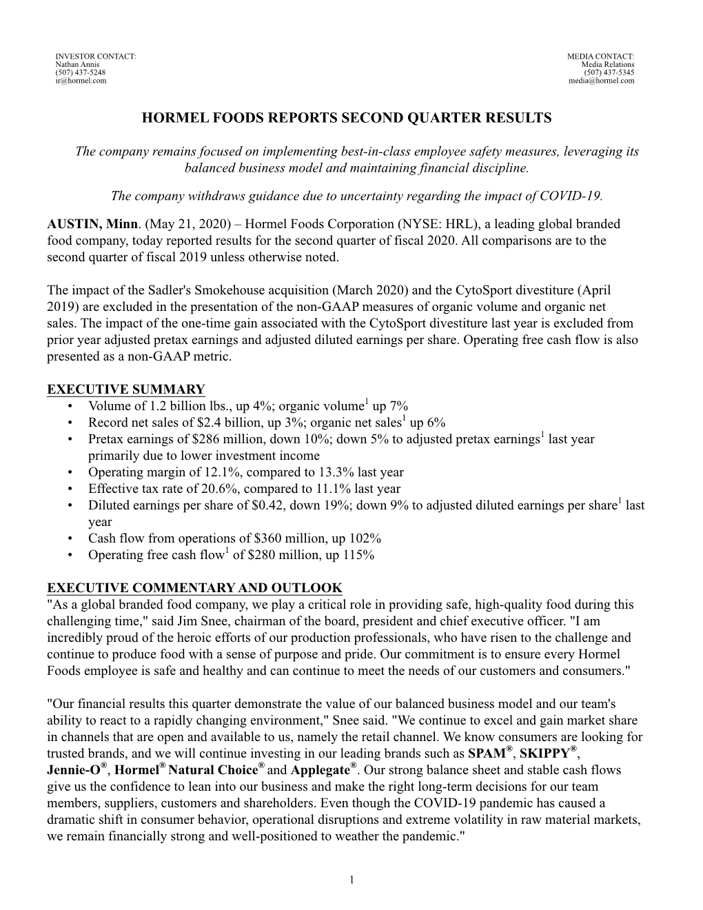 Hormel Earnings Release Q2 2020