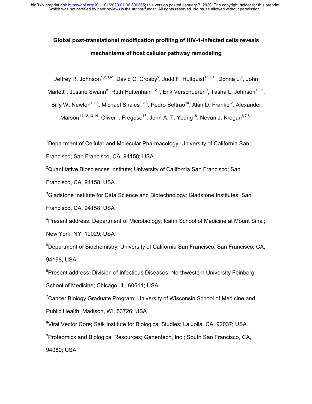 Global Post-Translational Modification Profiling of HIV-1-Infected Cells Reveals