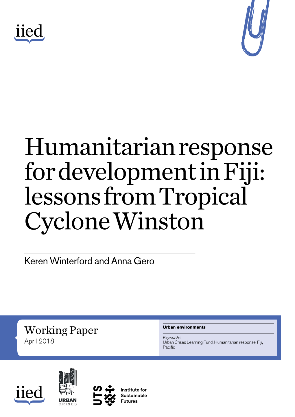 Humanitarian Response for Development in Fiji: Lessons from Tropical Cyclone Winston