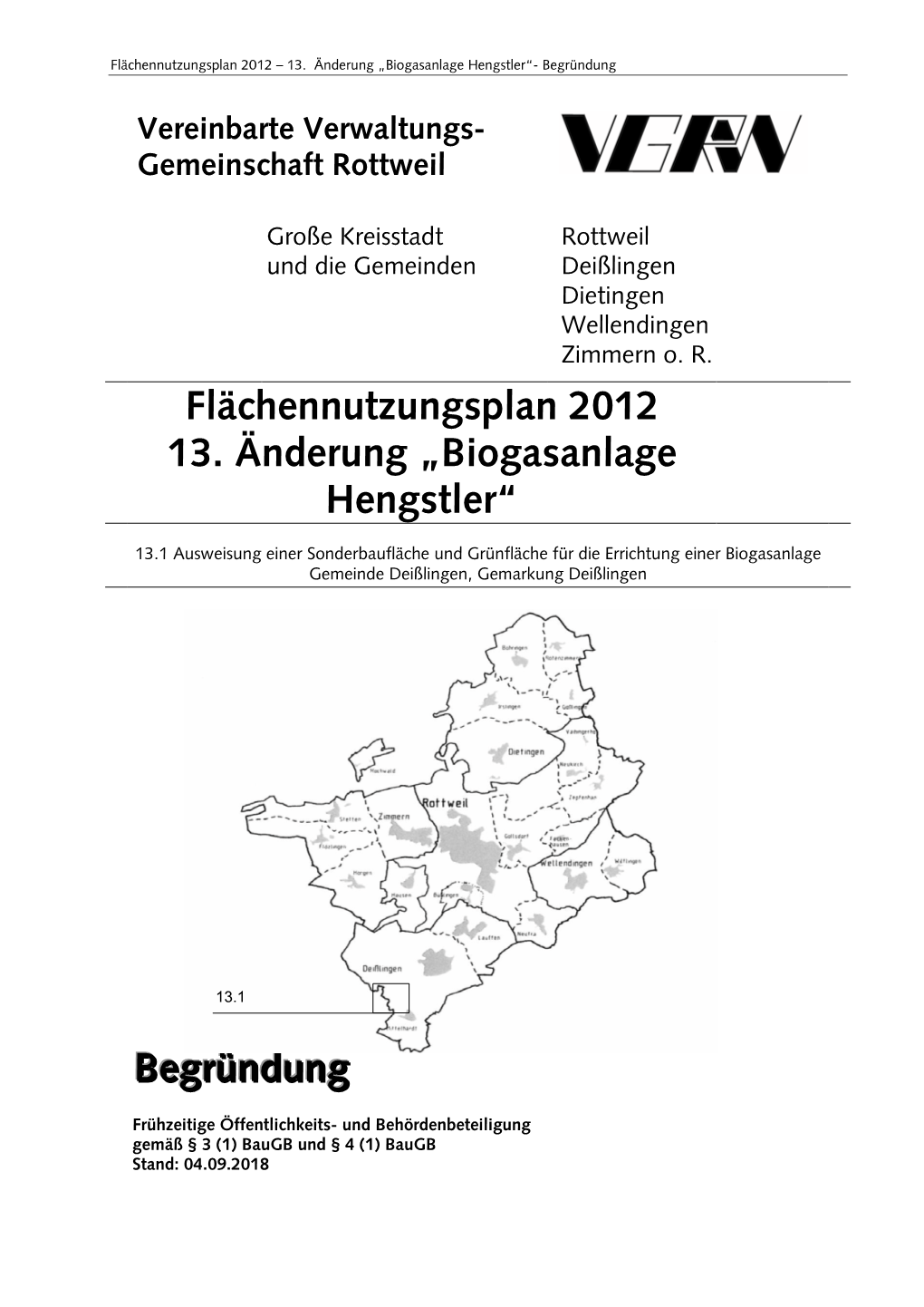 Flächennutzungsplan 2012 13. Änderung „Biogasanlage Hengstler“