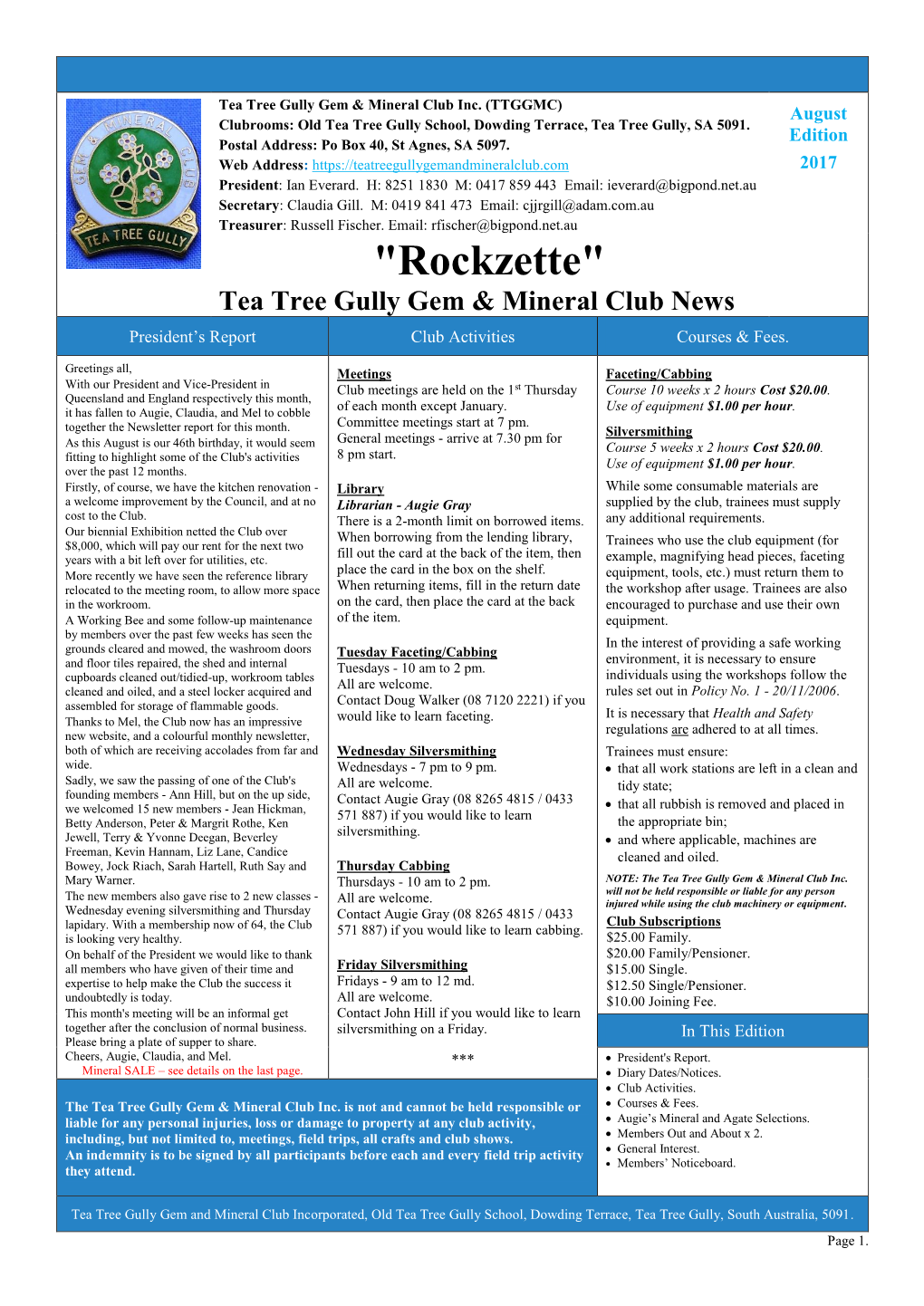 "Rockzette" Tea Tree Gully Gem & Mineral Club News