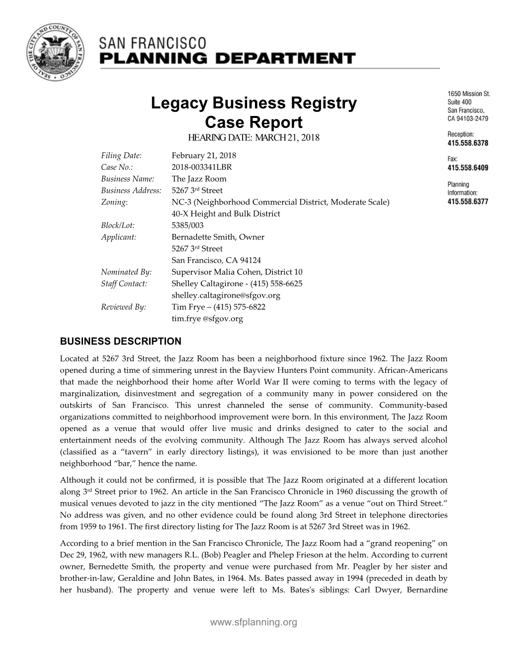 Legacy Business Registry Case Report HEARING DATE: MARCH 21, 2018