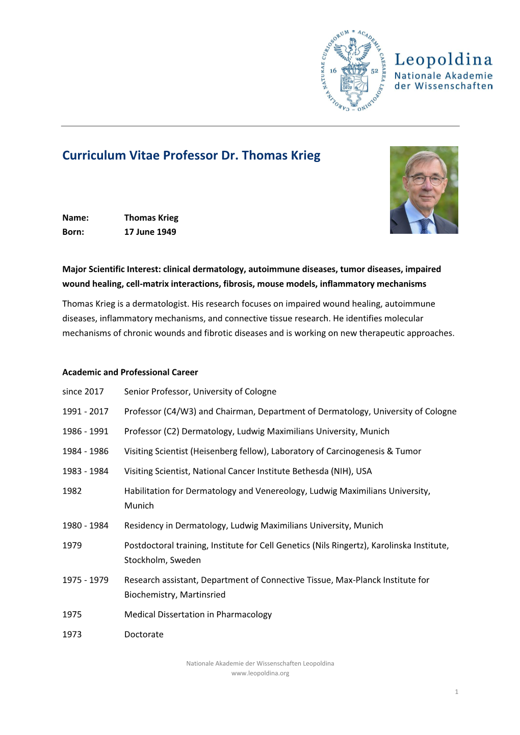 Curriculum Vitae Professor Dr. Thomas Krieg