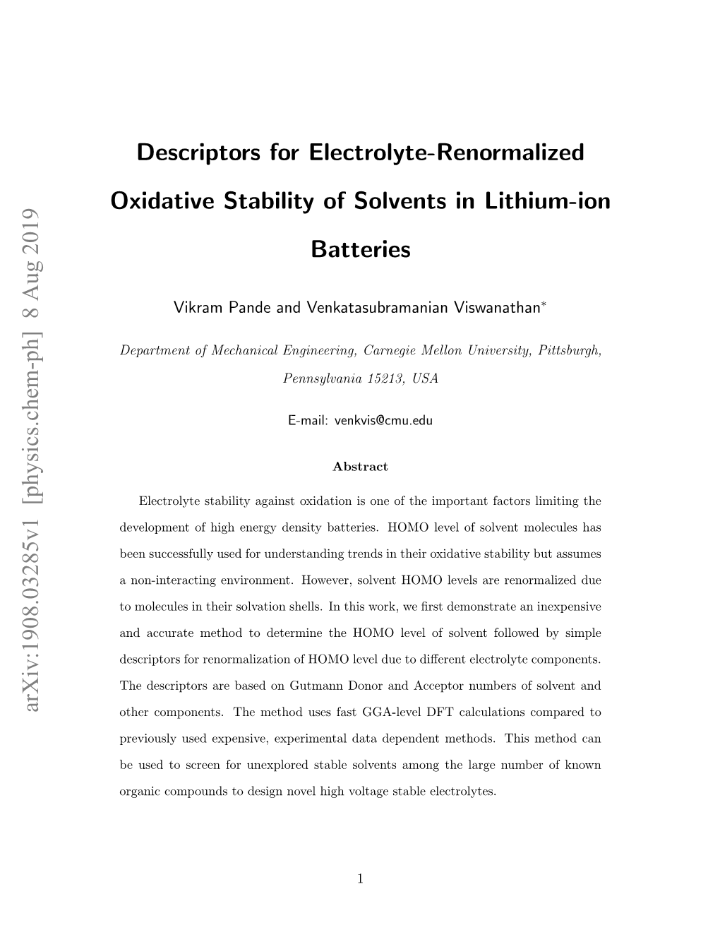 Descriptors for Electrolyte-Renormalized Oxidative Stability of Solvents in Lithium-Ion Batteries